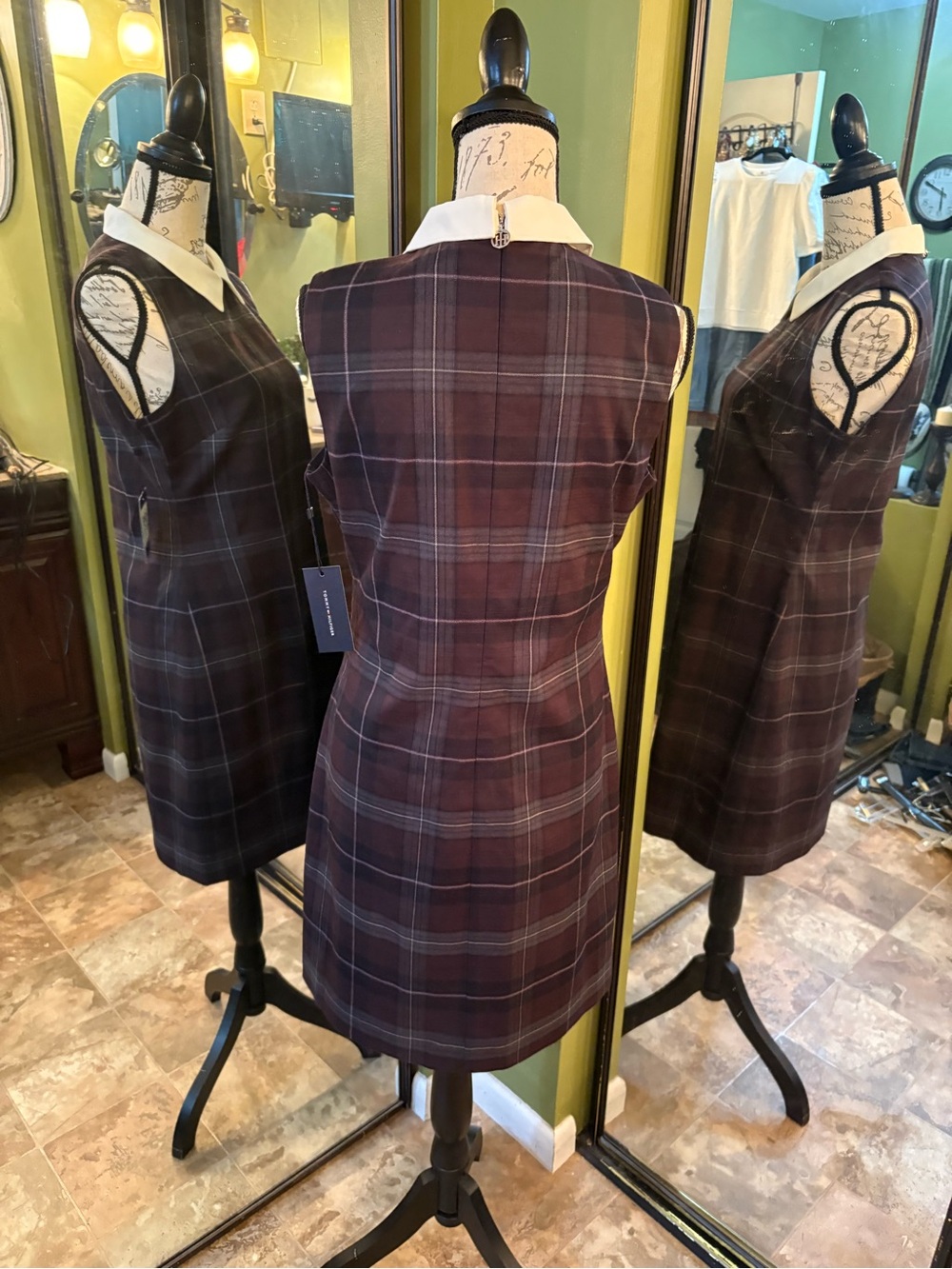 Tommy Hilfiger Plum and Navy Plaid Sleeveless Dress with White Peter Pan Collar - Picture 2 of 3